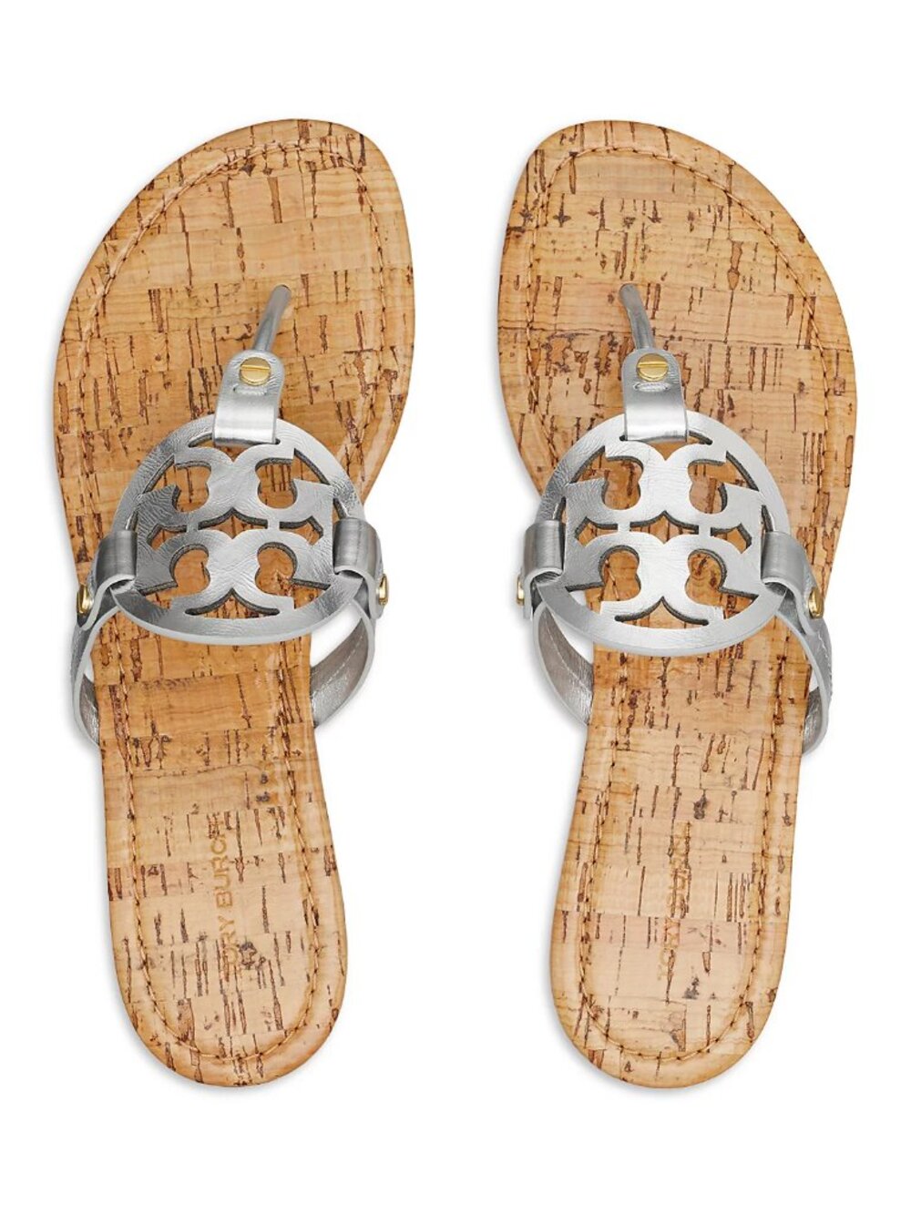 Tory Burch $228 Miller Sandals Patent Leather Silver Gold Rivets Cork 10 - Picture 5 of 10